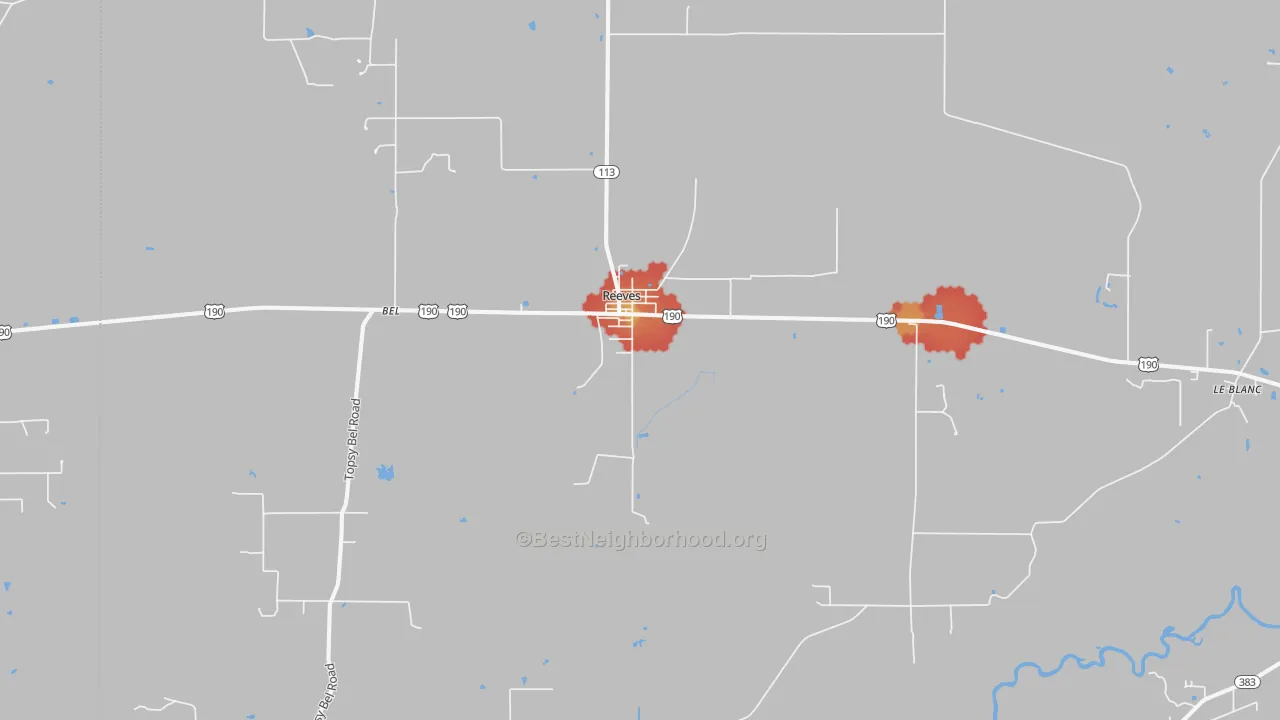 Walk Grade map of Reeves, LA, walkable areas in green and car-dependent areas in red