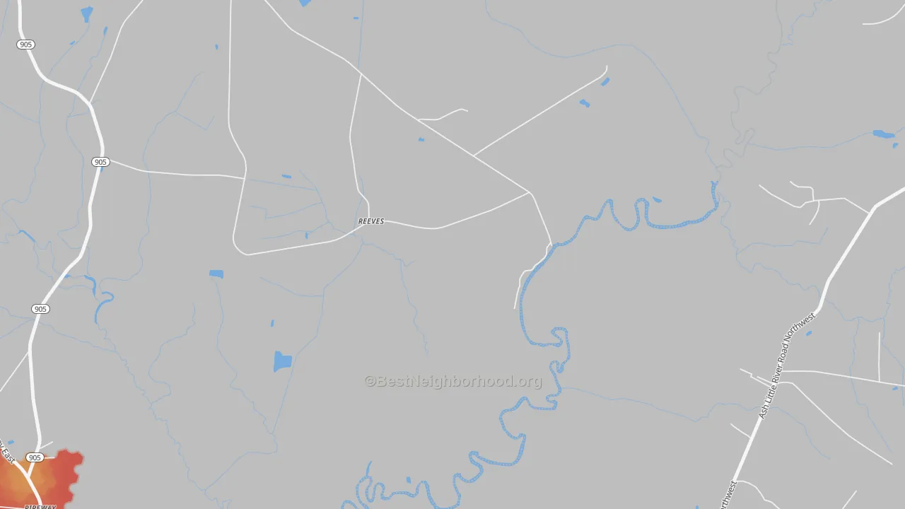 Walk Grade map of Reeves, NC, walkable areas in green and car-dependent areas in red