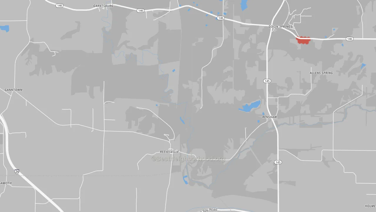 Walk Grade map of Reevesville, IL, walkable areas in green and car-dependent areas in red