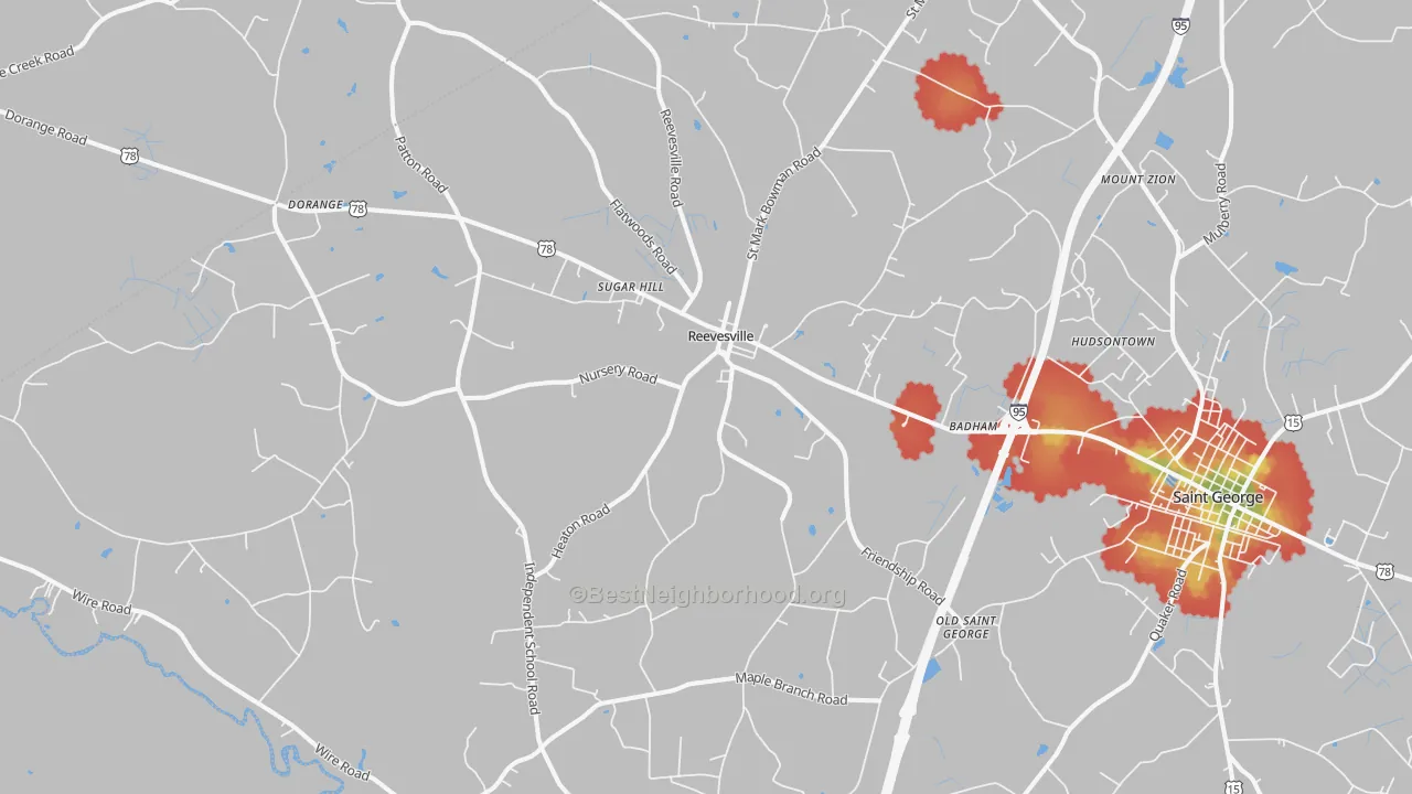 Walk Grade map of Reevesville, SC, walkable areas in green and car-dependent areas in red