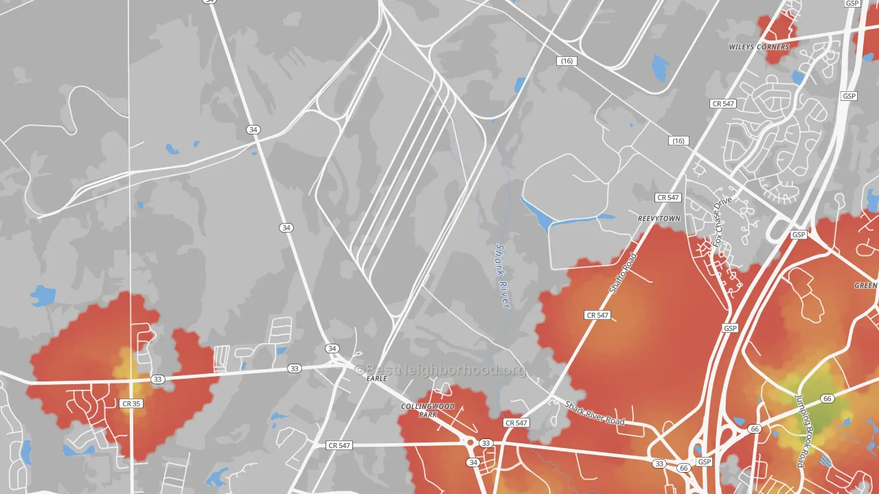 Walk Grade map of Reevytown, NJ, walkable areas in green and car-dependent areas in red