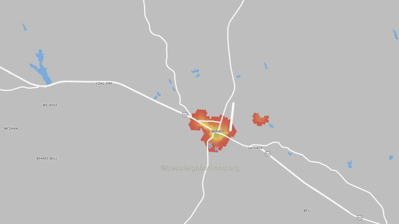 Walk Grade map of Reform, AL, walkable areas in green and car-dependent areas in red