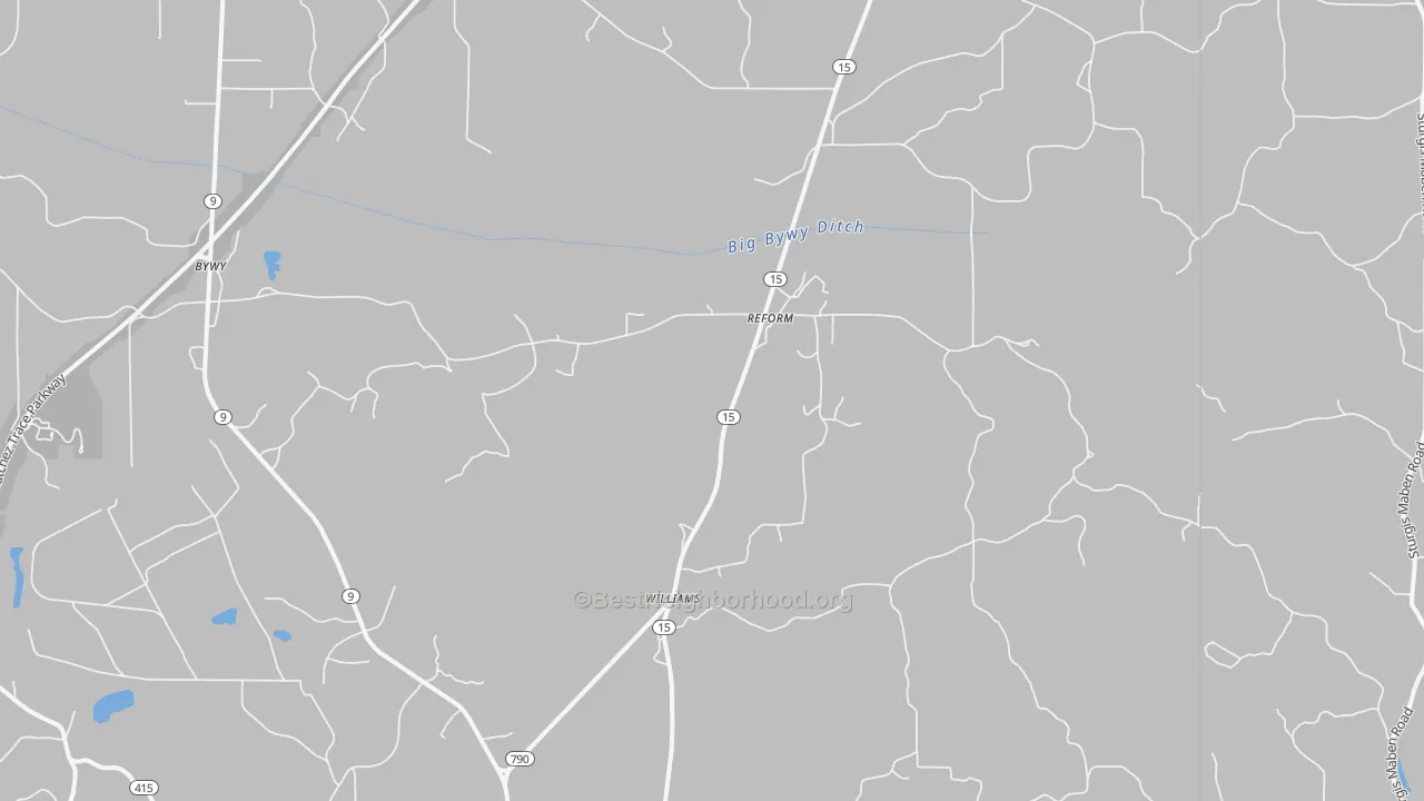 Walk Grade map of Reform, MS, walkable areas in green and car-dependent areas in red