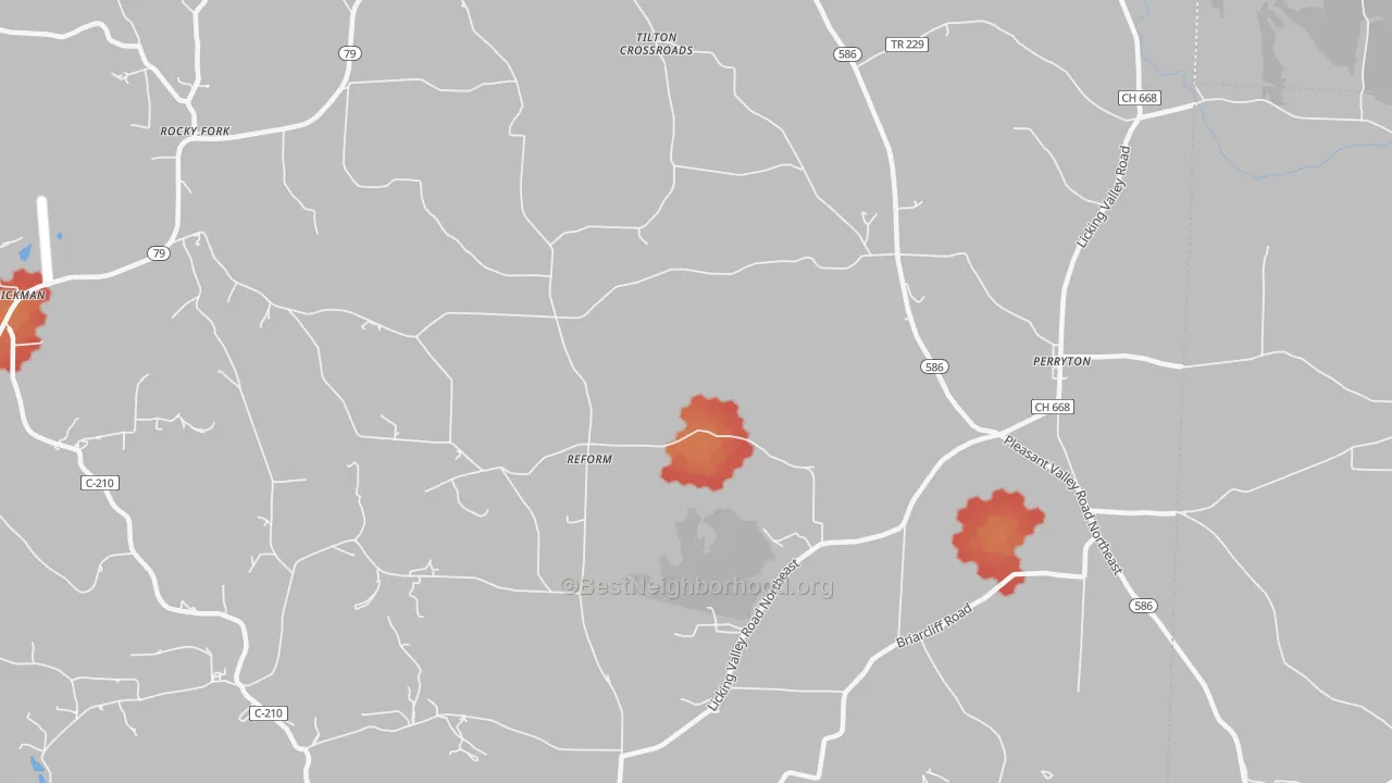 Walk Grade map of Reform, OH, walkable areas in green and car-dependent areas in red
