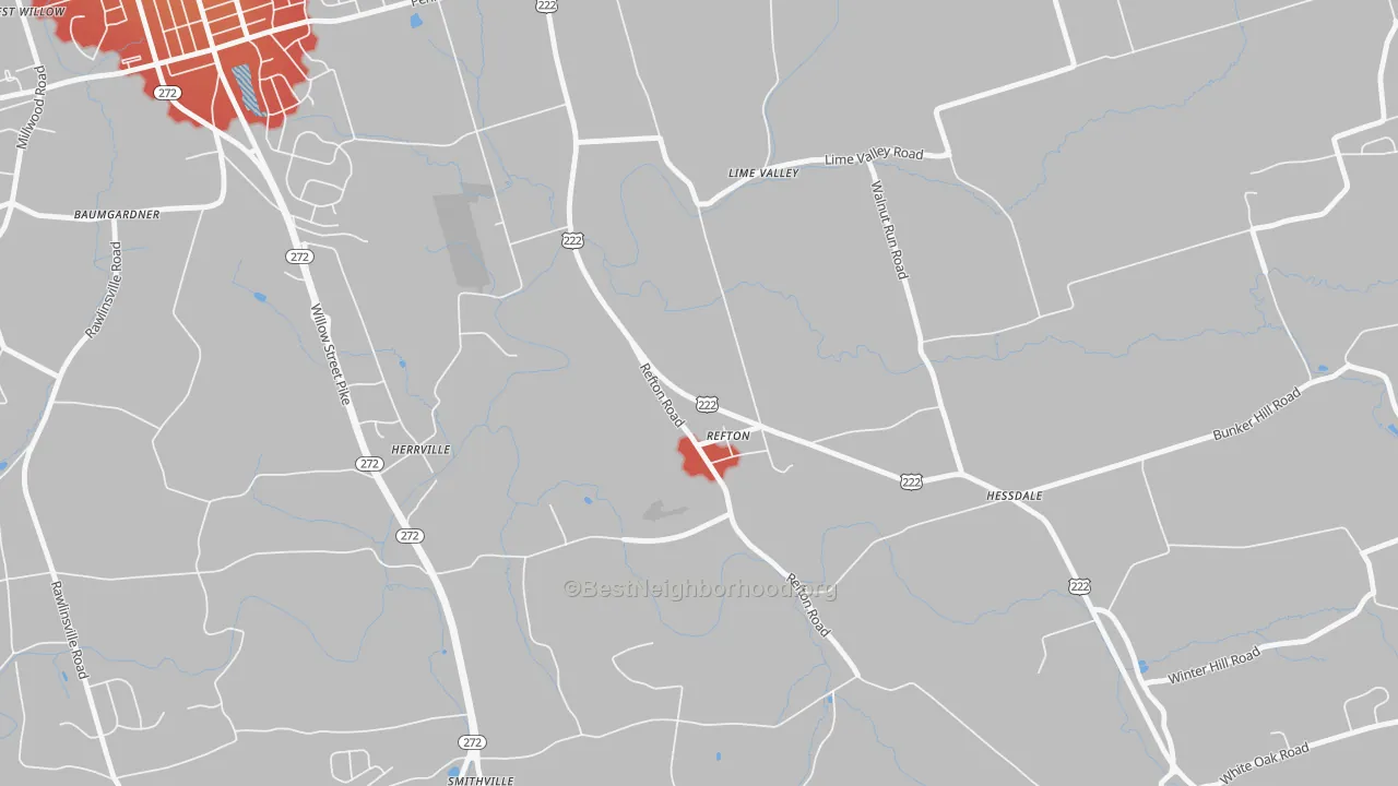 Walk Grade map of Refton, PA, walkable areas in green and car-dependent areas in red