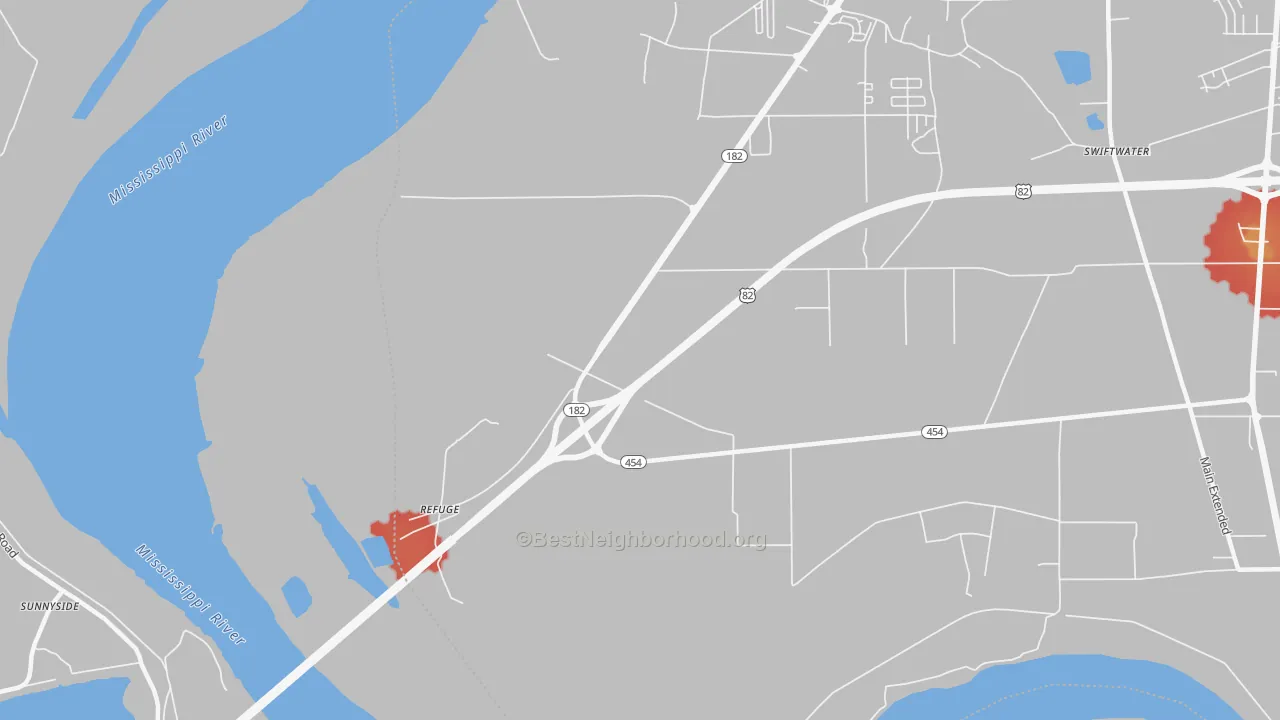 Walk Grade map of Refuge, MS, walkable areas in green and car-dependent areas in red