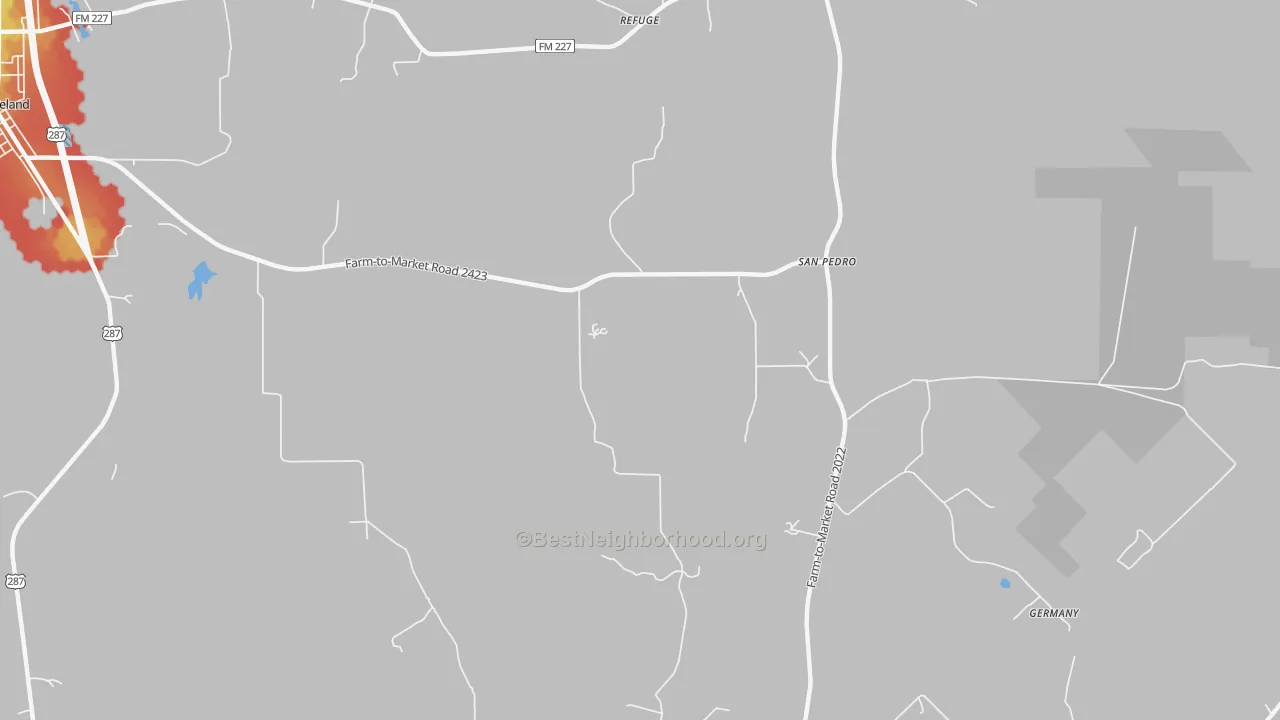 Walk Grade map of Refuge, TX, walkable areas in green and car-dependent areas in red