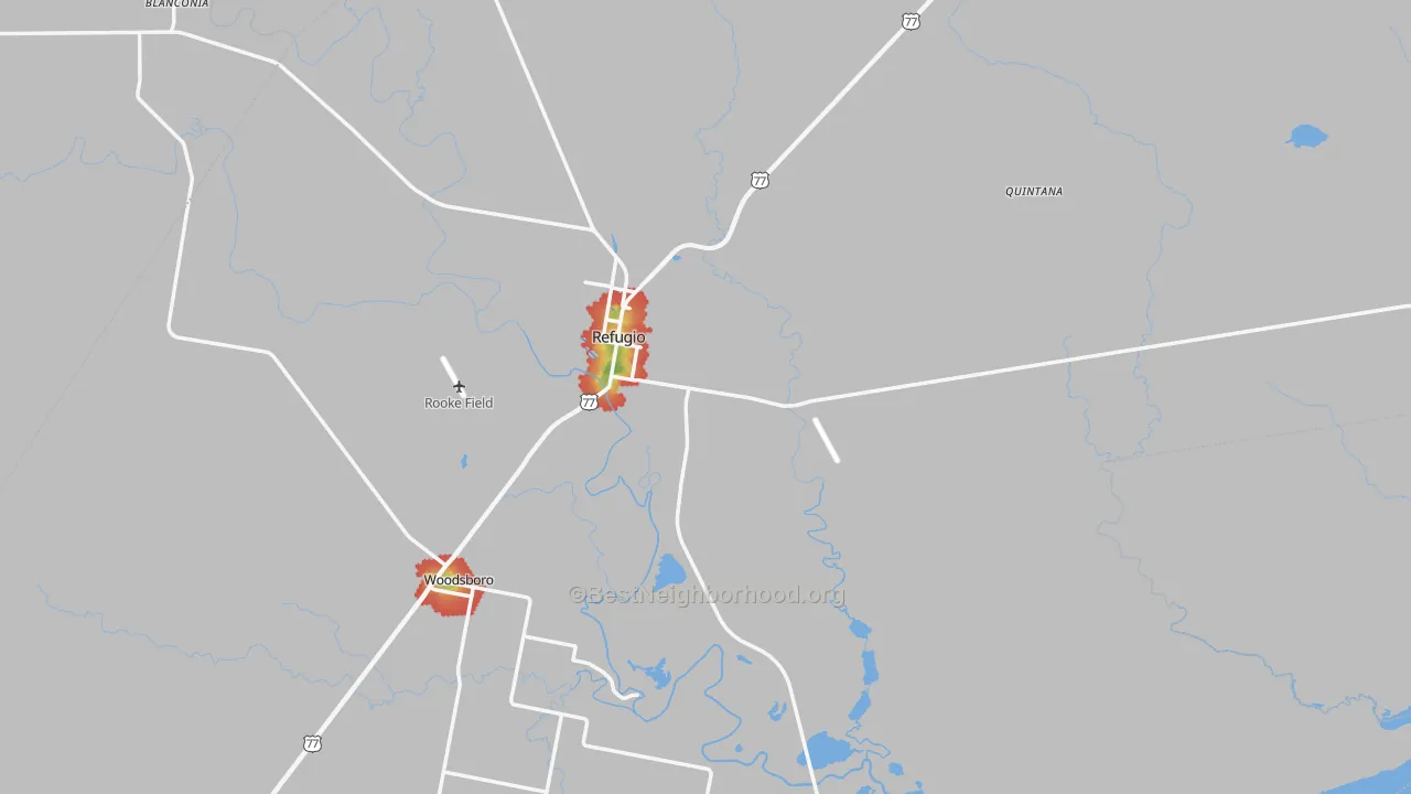 Walk Grade map of Refugio County, TX, walkable areas in green and car-dependent areas in red