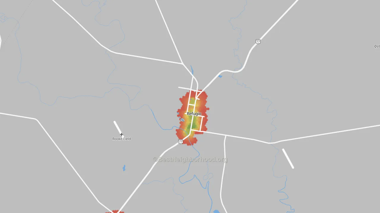 Walk Grade map of Refugio, TX, walkable areas in green and car-dependent areas in red