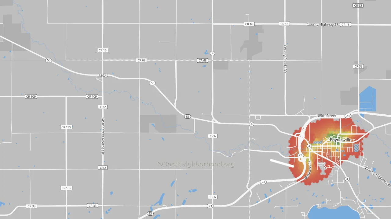 Walk Grade map of Regal, MN, walkable areas in green and car-dependent areas in red