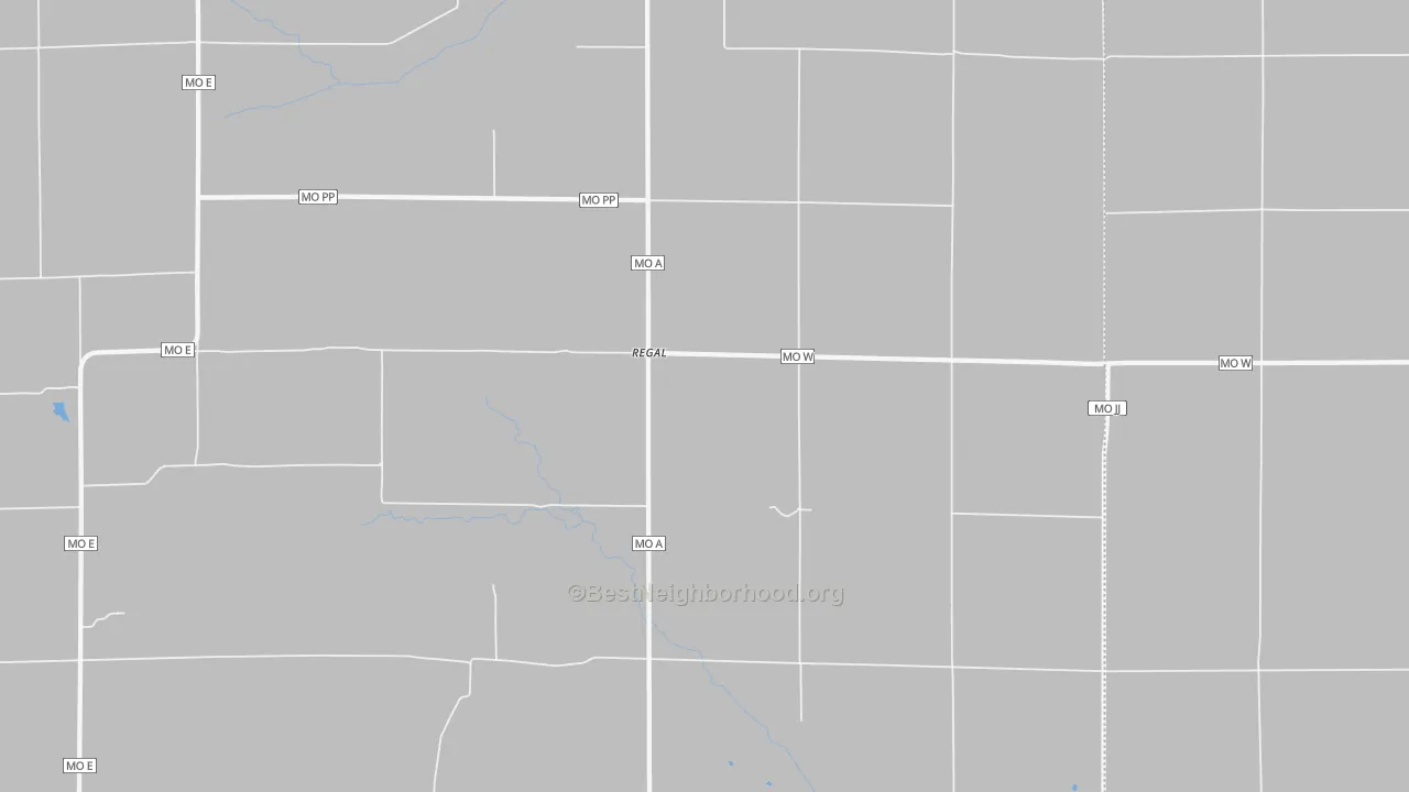Walk Grade map of Regal, MO, walkable areas in green and car-dependent areas in red