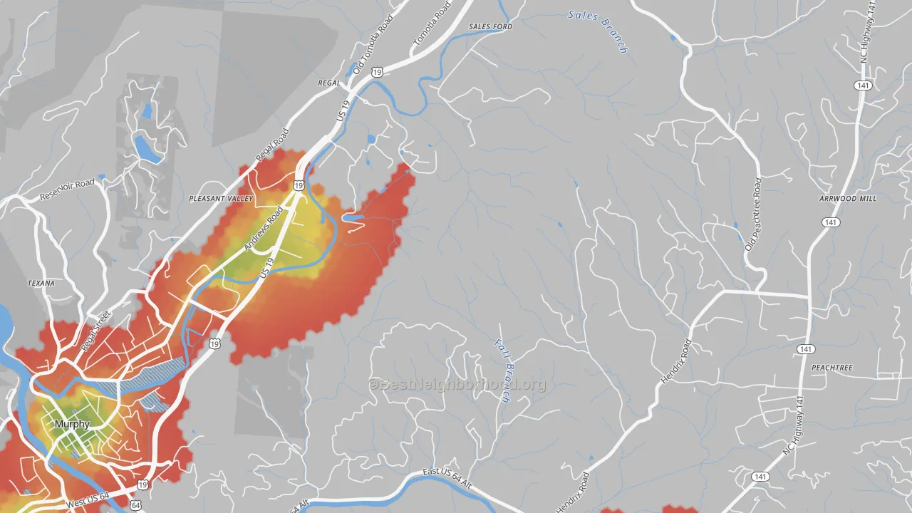 Walk Grade map of Regal, NC, walkable areas in green and car-dependent areas in red