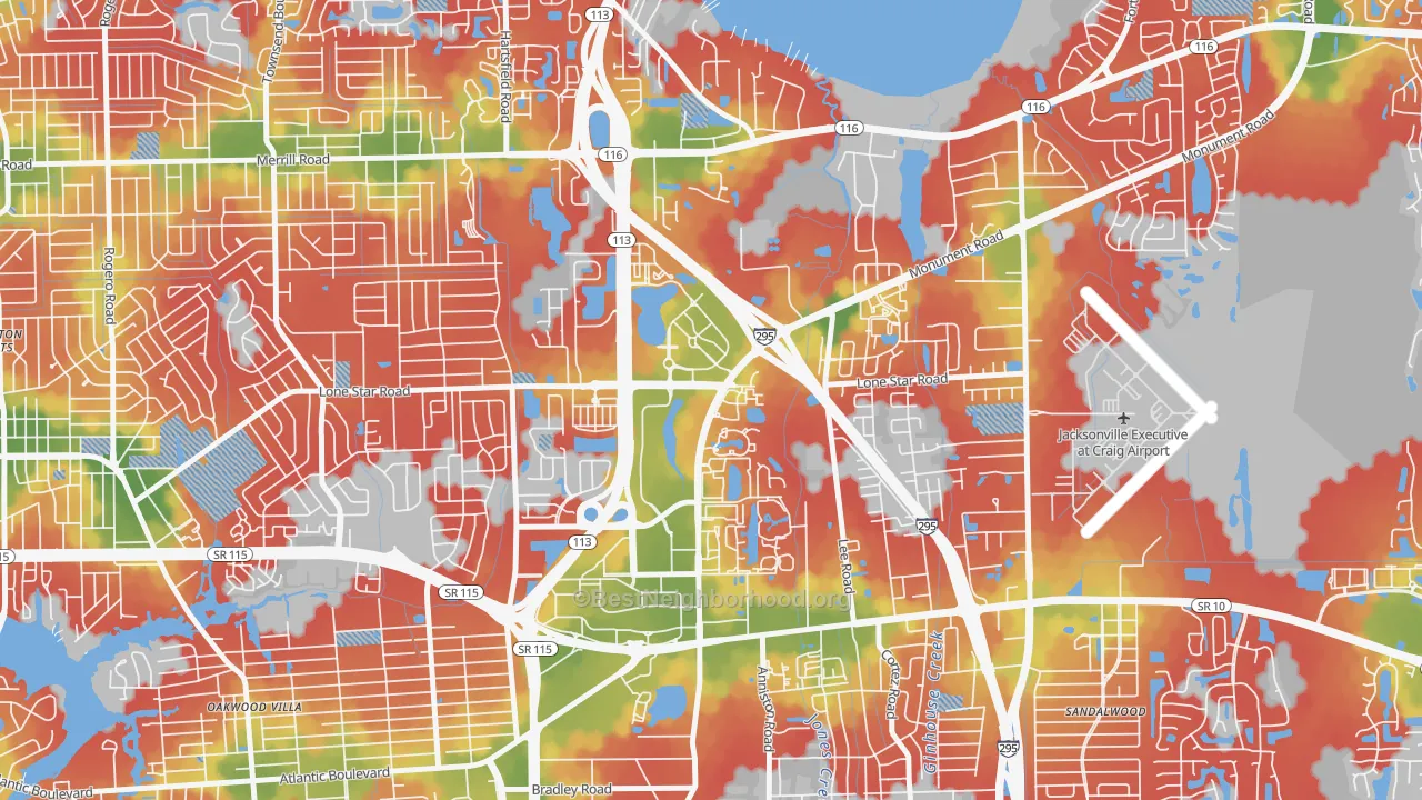 Walk Grade map of Regency, Jacksonville, FL, walkable areas in green and car-dependent areas in red