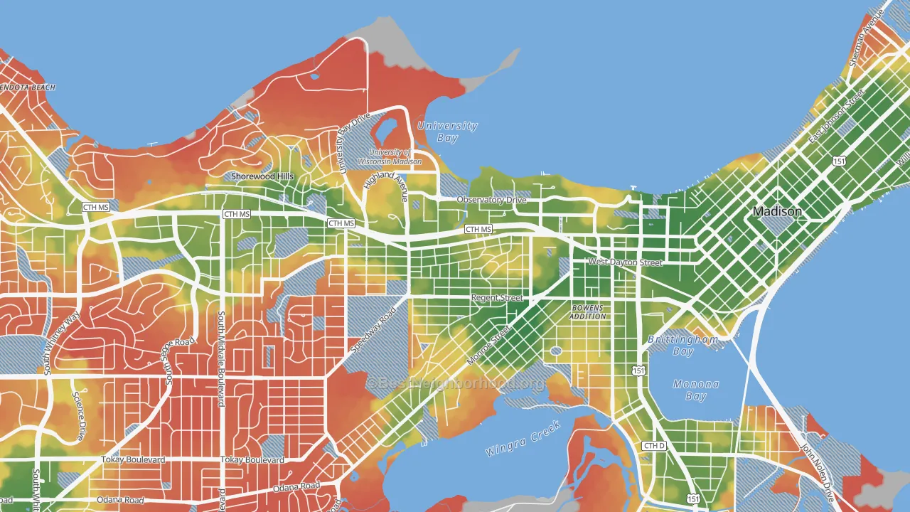 Walk Grade map of Regent, Madison, WI, walkable areas in green and car-dependent areas in red