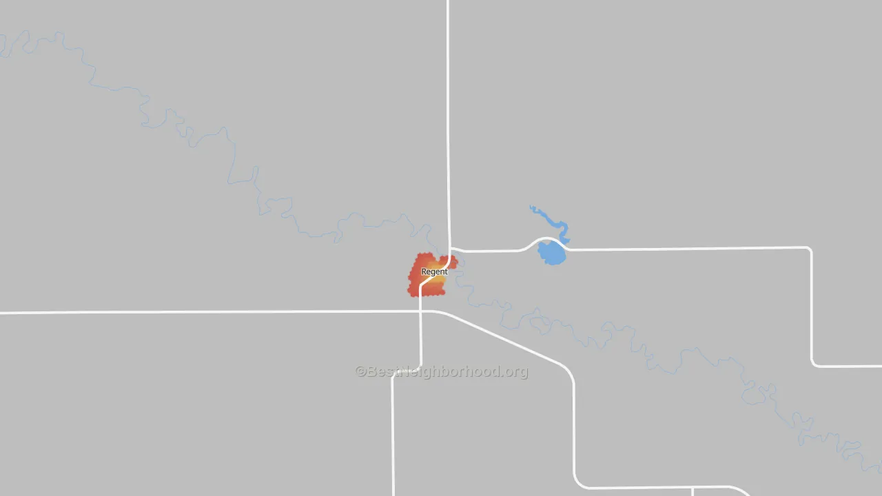 Walk Grade map of Regent, ND, walkable areas in green and car-dependent areas in red