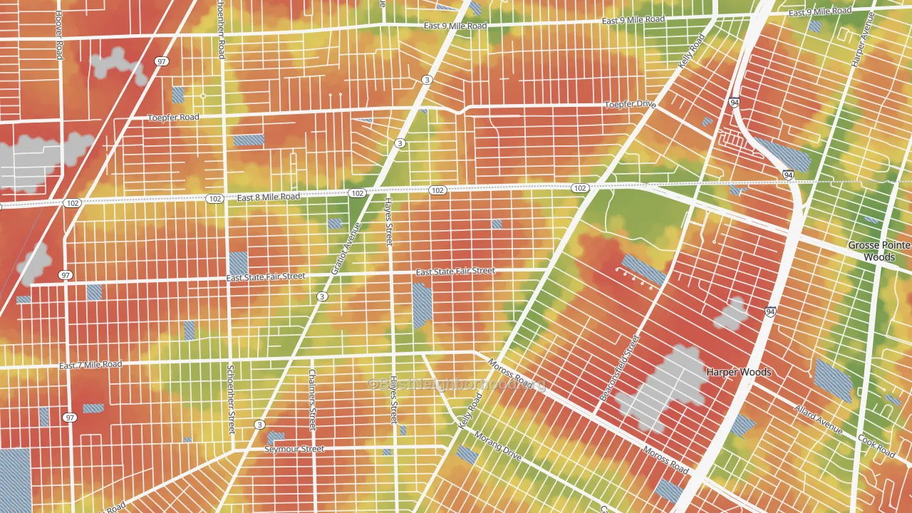 Walk Grade map of Regent Park, Detroit, MI, walkable areas in green and car-dependent areas in red
