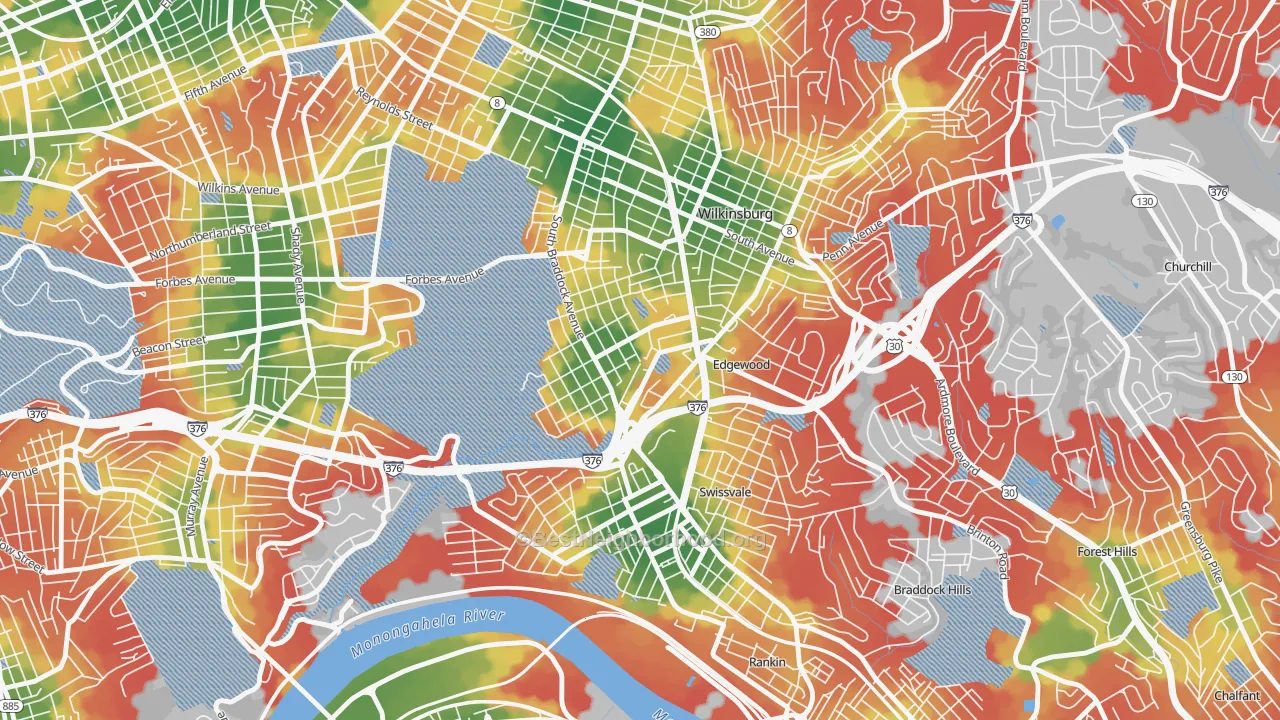 Walk Grade map of Regent Square, Pittsburgh, PA, walkable areas in green and car-dependent areas in red