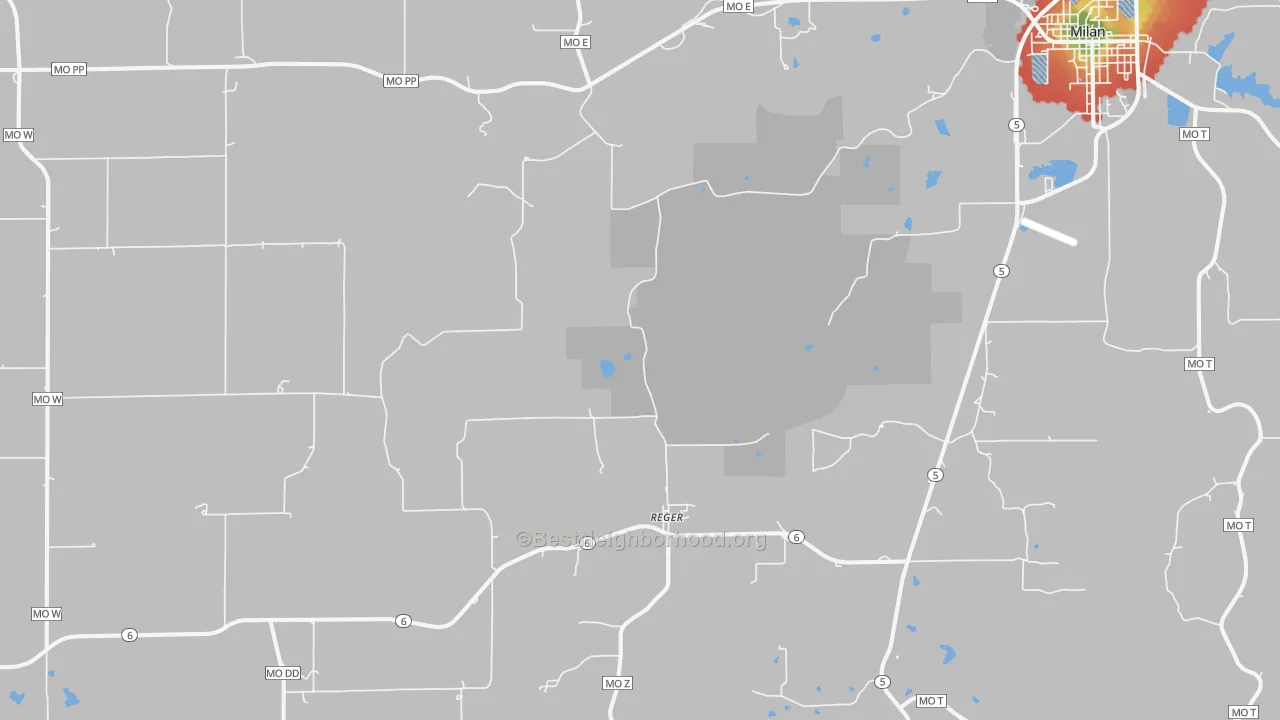 Walk Grade map of Reger, MO, walkable areas in green and car-dependent areas in red