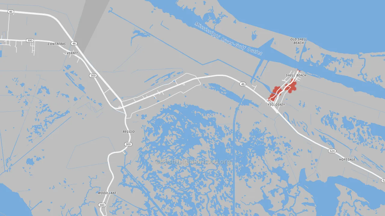 Walk Grade map of Reggio, LA, walkable areas in green and car-dependent areas in red