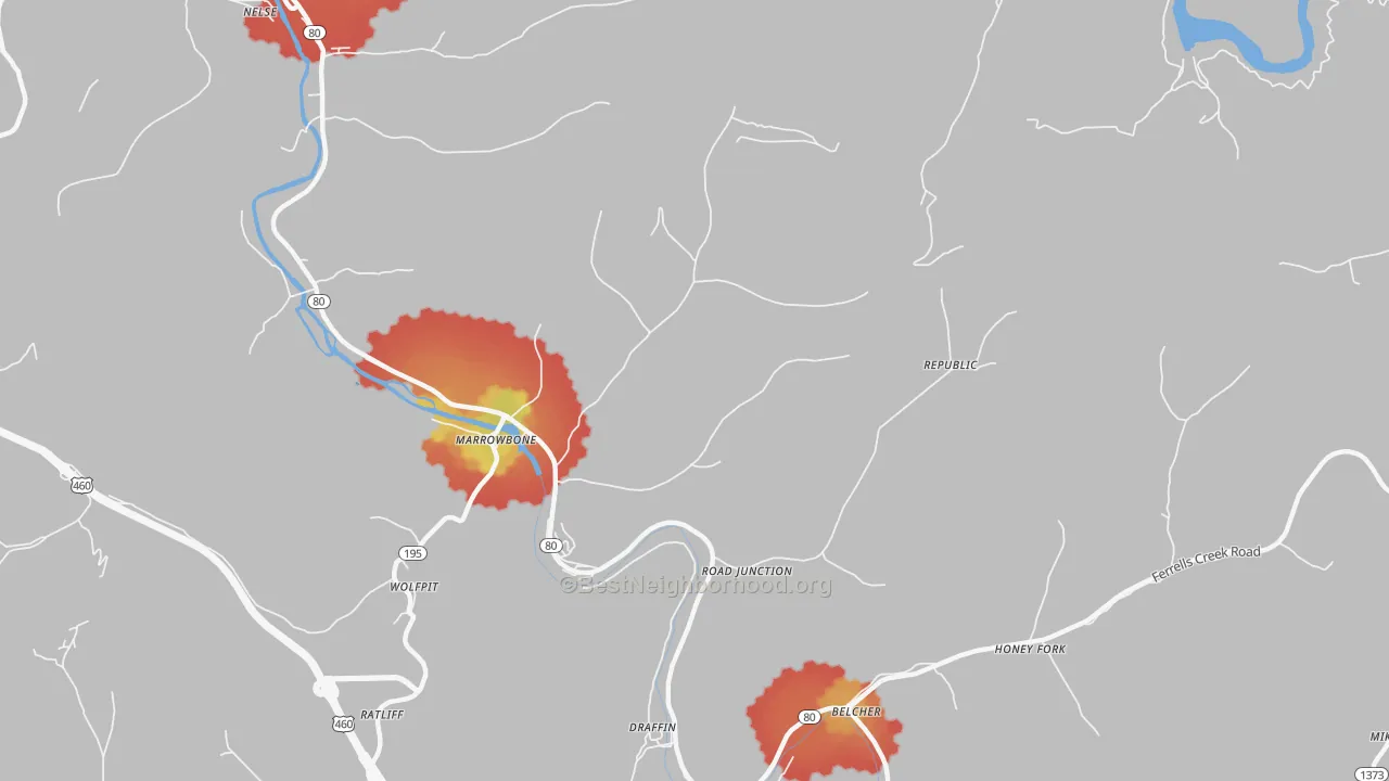 Walk Grade map of Regina, KY, walkable areas in green and car-dependent areas in red