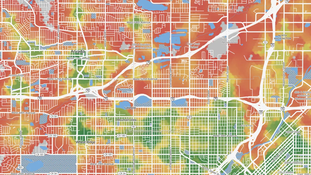 Walk Grade map of Regis, Denver, CO, walkable areas in green and car-dependent areas in red