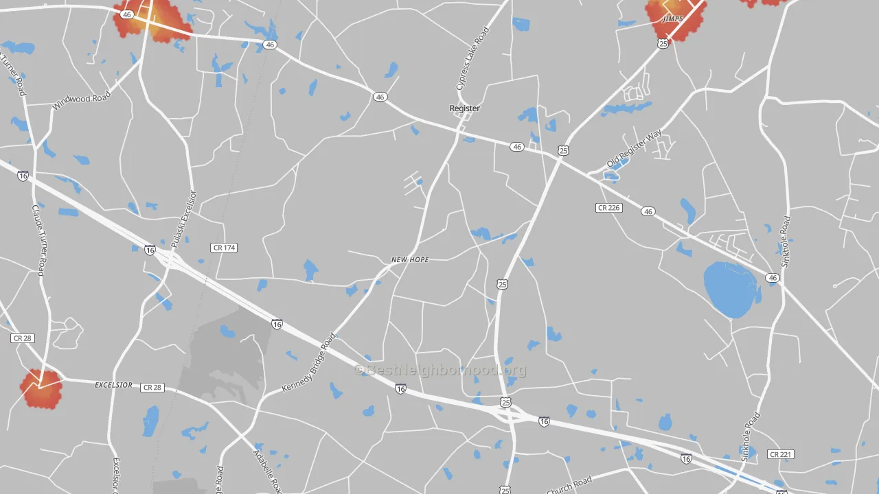 Walk Grade map of Register, GA, walkable areas in green and car-dependent areas in red