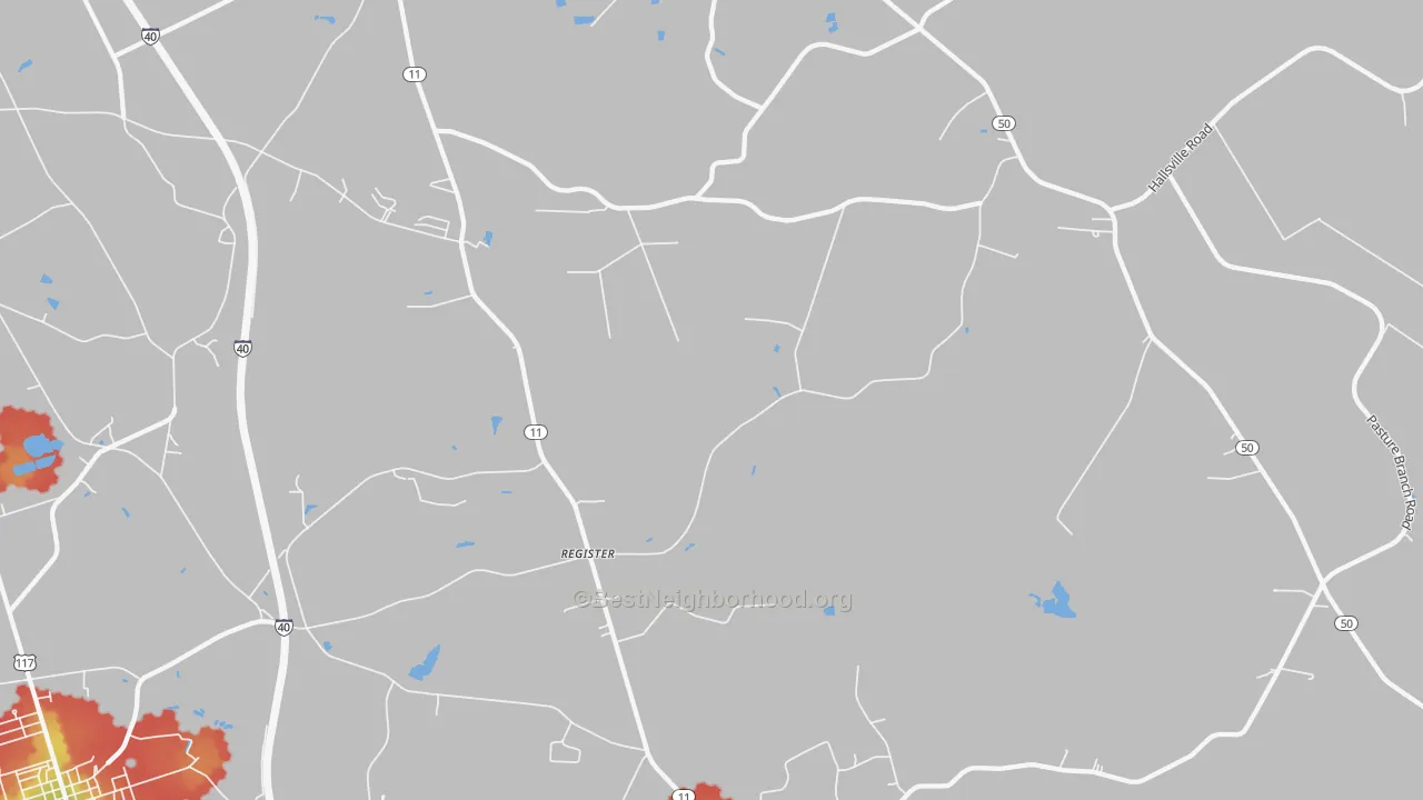 Walk Grade map of Register, NC, walkable areas in green and car-dependent areas in red