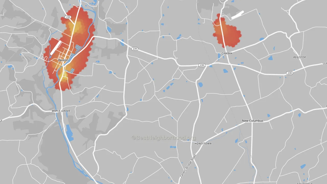 Walk Grade map of Register, PA, walkable areas in green and car-dependent areas in red