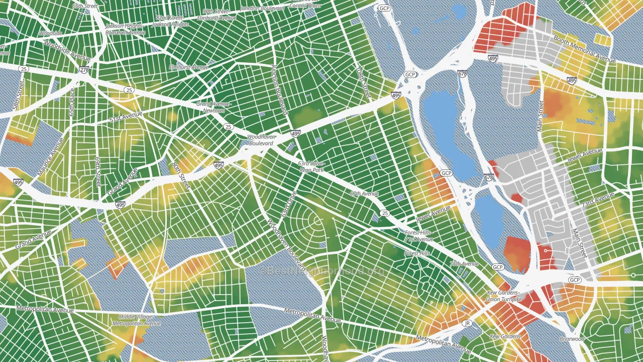 Walk Grade map of Rego Park, Queens, NY, walkable areas in green and car-dependent areas in red
