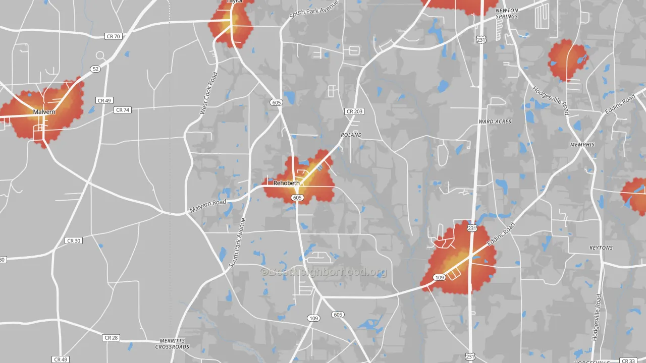 Walk Grade map of Rehobeth, AL, walkable areas in green and car-dependent areas in red