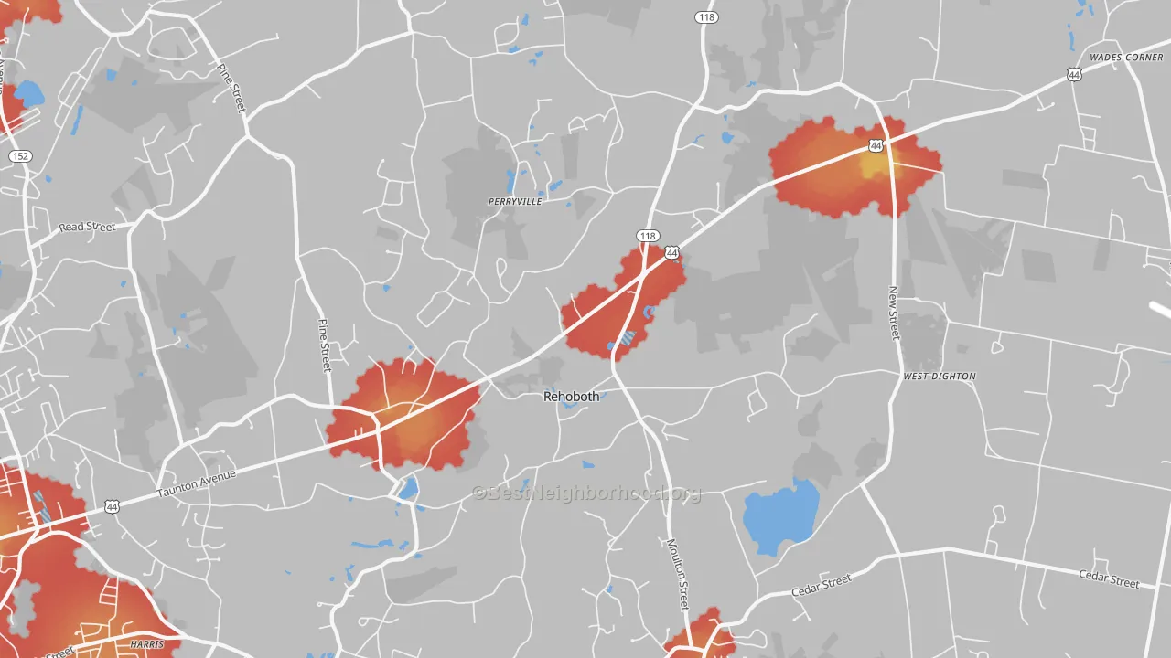 Walk Grade map of Rehoboth, MA, walkable areas in green and car-dependent areas in red