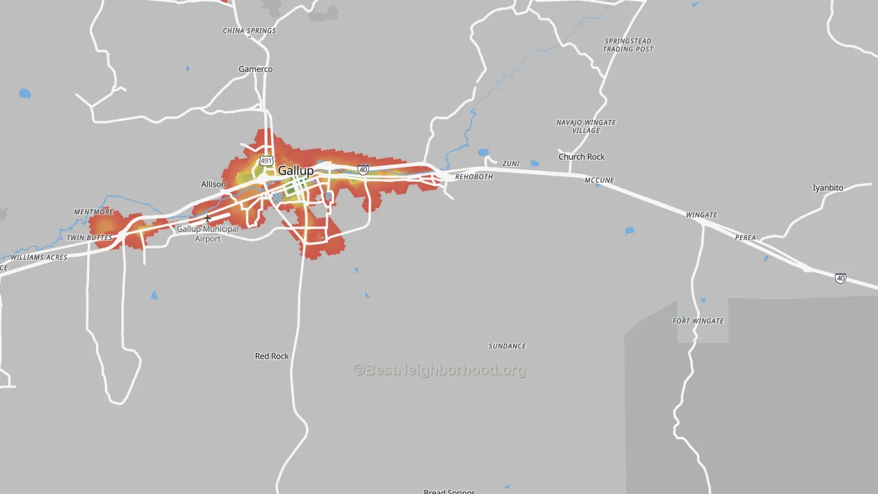 Walk Grade map of Rehoboth, NM, walkable areas in green and car-dependent areas in red