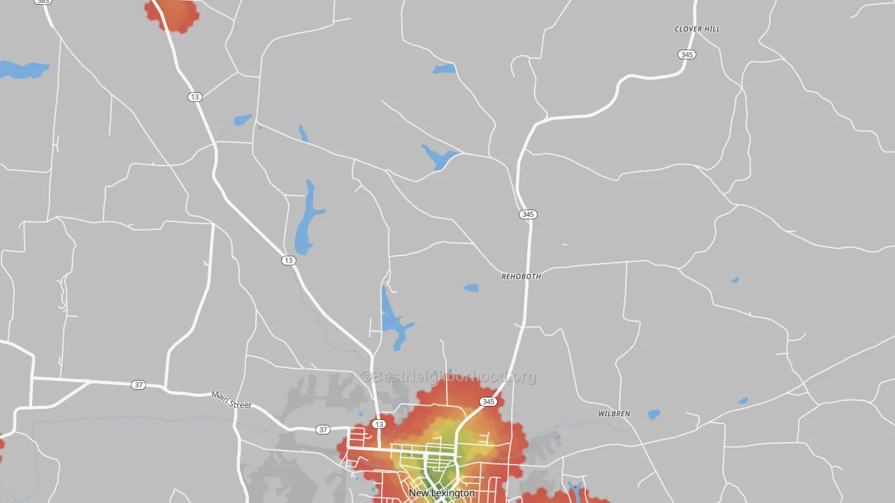 Walk Grade map of Rehoboth, OH, walkable areas in green and car-dependent areas in red