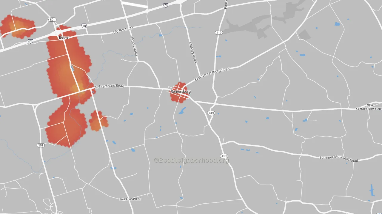 Walk Grade map of Rehrersburg, PA, walkable areas in green and car-dependent areas in red