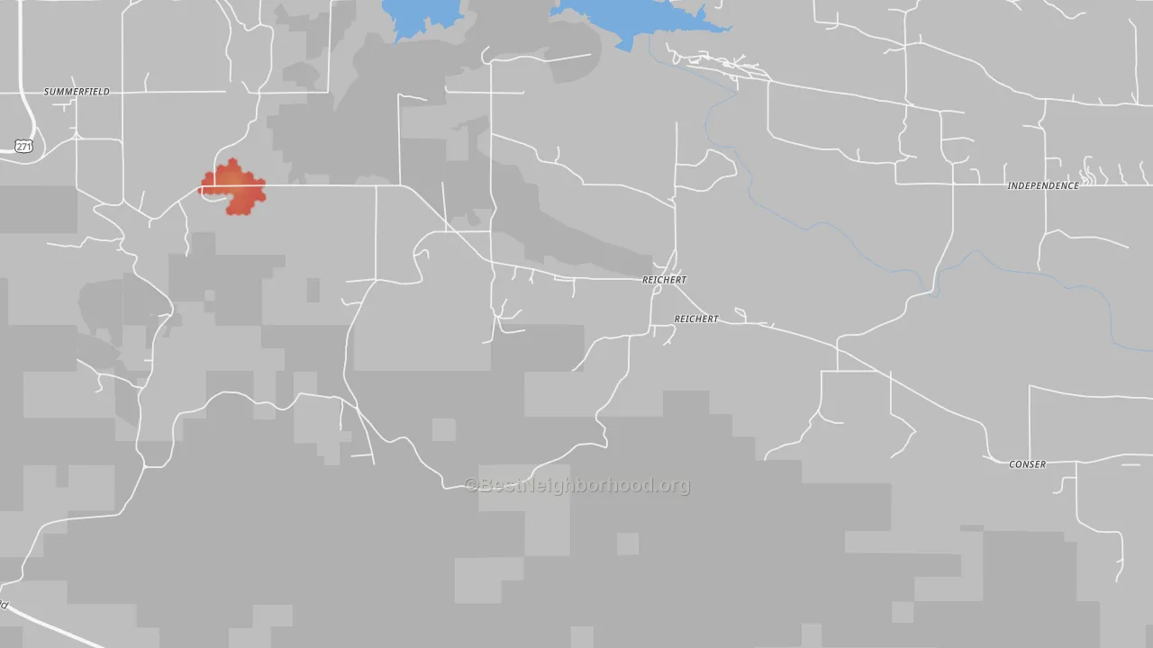 Walk Grade map of Reichert, OK, walkable areas in green and car-dependent areas in red