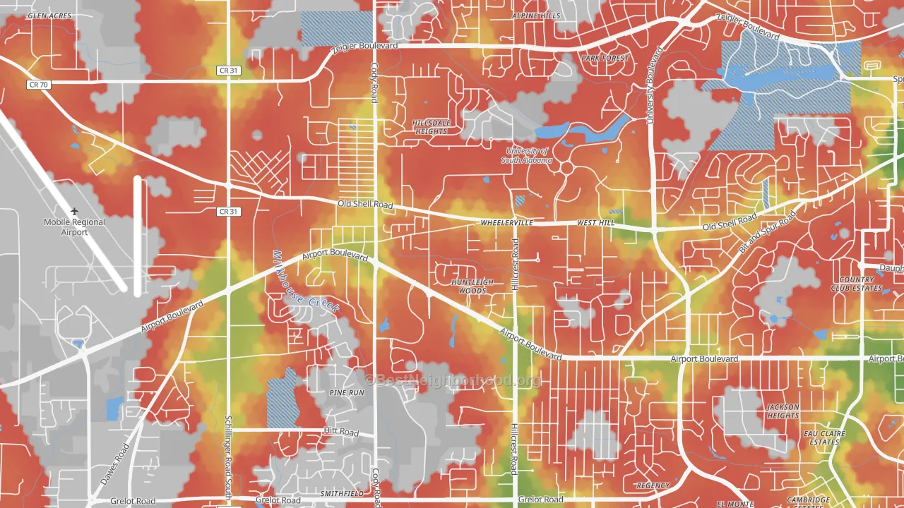 Walk Grade map of Reichlieu, Mobile, AL, walkable areas in green and car-dependent areas in red