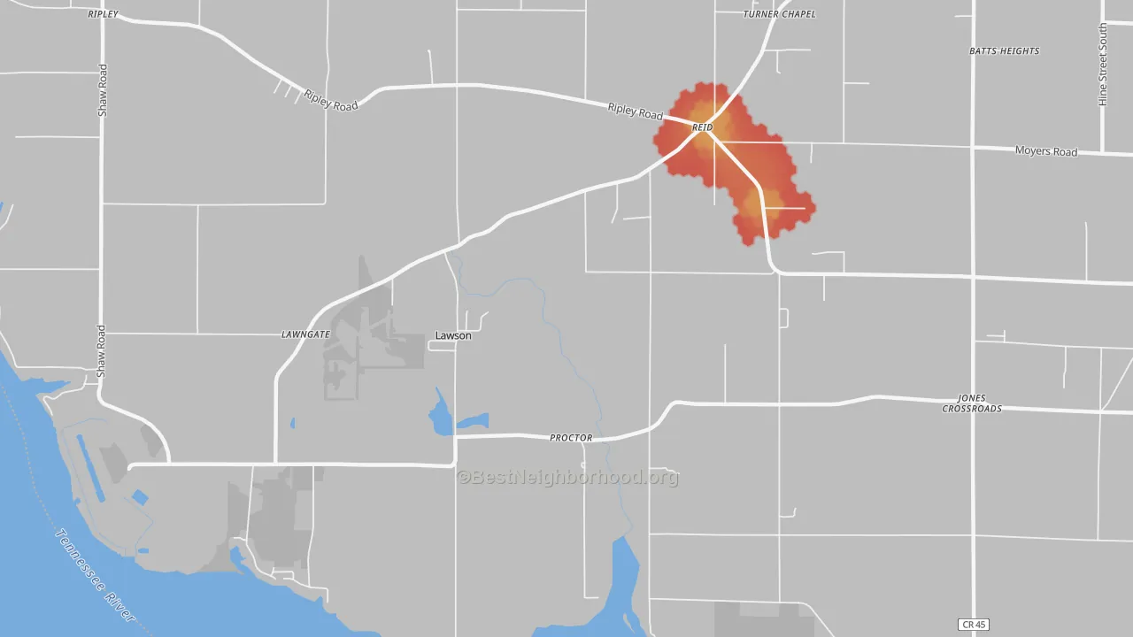 Walk Grade map of Reid, AL, walkable areas in green and car-dependent areas in red