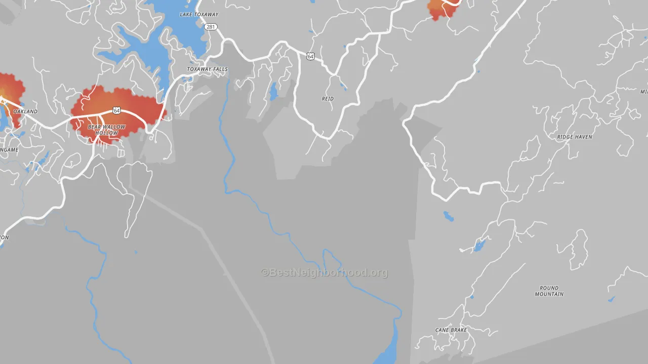 Walk Grade map of Reid, NC, walkable areas in green and car-dependent areas in red