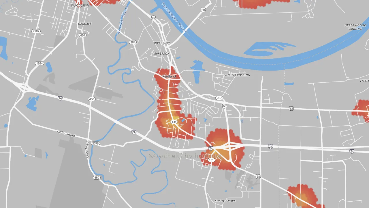 Walk Grade map of Reidland, KY, walkable areas in green and car-dependent areas in red
