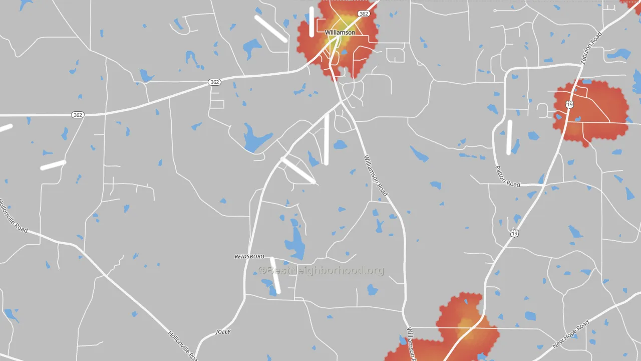 Walk Grade map of Reidsboro, GA, walkable areas in green and car-dependent areas in red