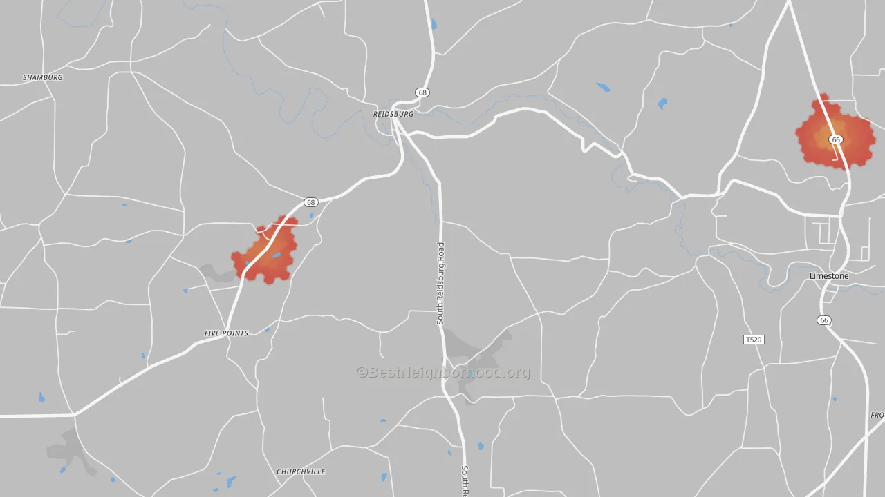 Walk Grade map of Reidsburg, PA, walkable areas in green and car-dependent areas in red