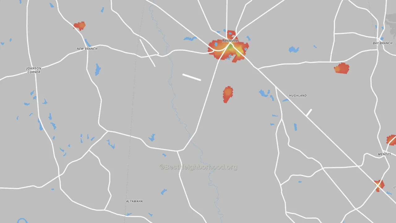 Walk Grade map of Reidsville, GA, walkable areas in green and car-dependent areas in red
