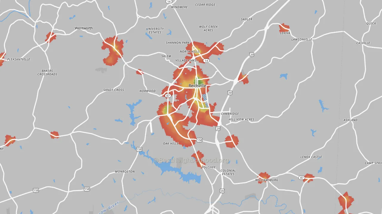 Walk Grade map of Reidsville, NC, walkable areas in green and car-dependent areas in red