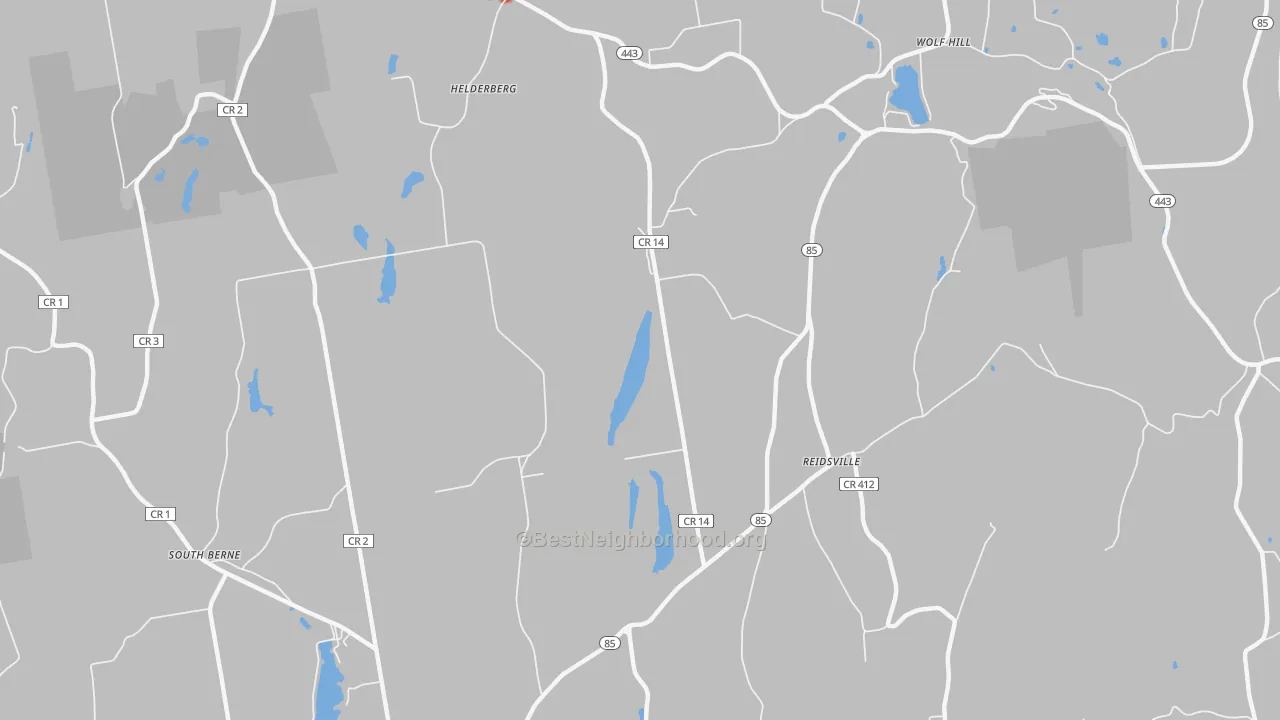 Walk Grade map of Reidsville, NY, walkable areas in green and car-dependent areas in red