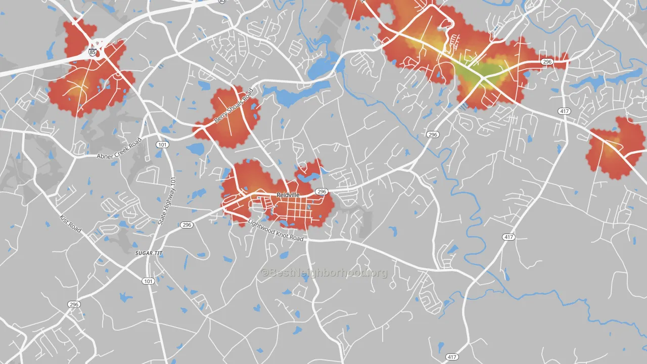 Walk Grade map of Reidville, SC, walkable areas in green and car-dependent areas in red