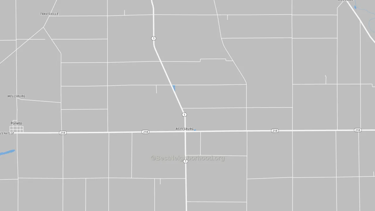 Walk Grade map of Reiffsburg, IN, walkable areas in green and car-dependent areas in red