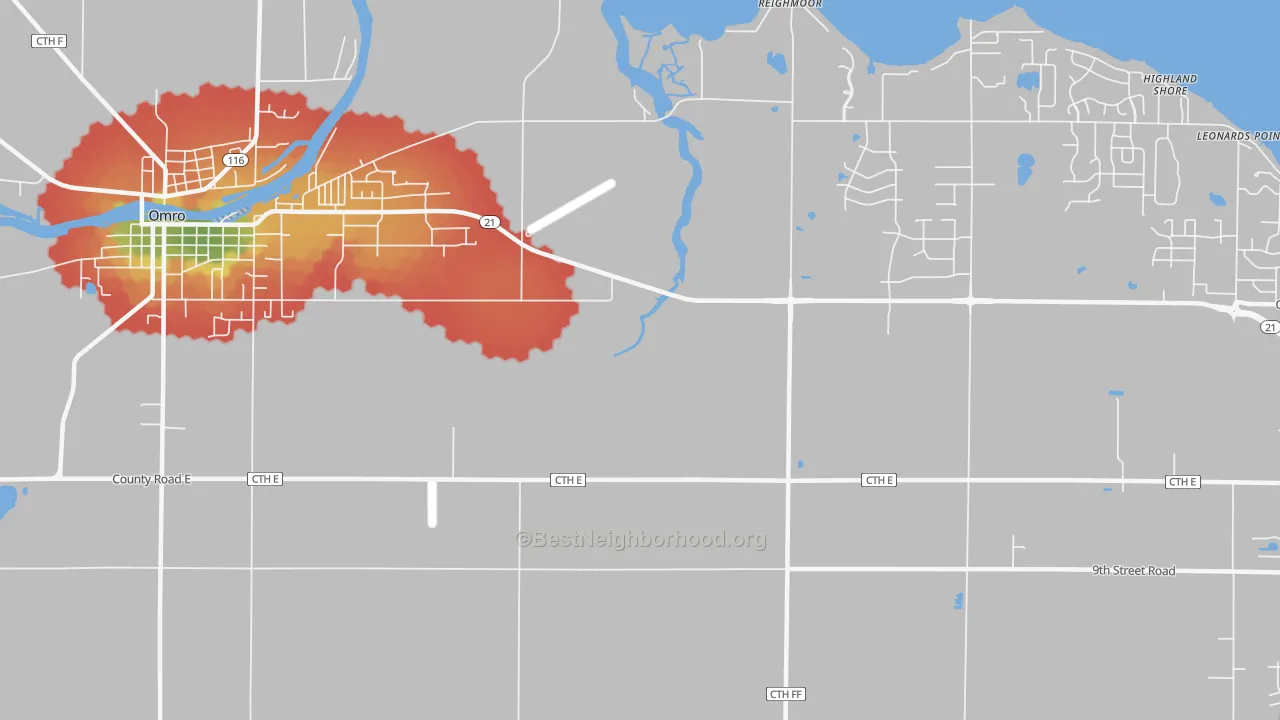 Walk Grade map of Reighmoor, WI, walkable areas in green and car-dependent areas in red