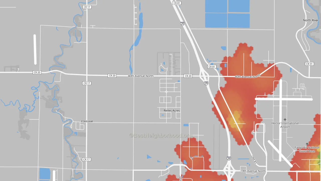 Walk Grade map of Reiles Acres, ND, walkable areas in green and car-dependent areas in red