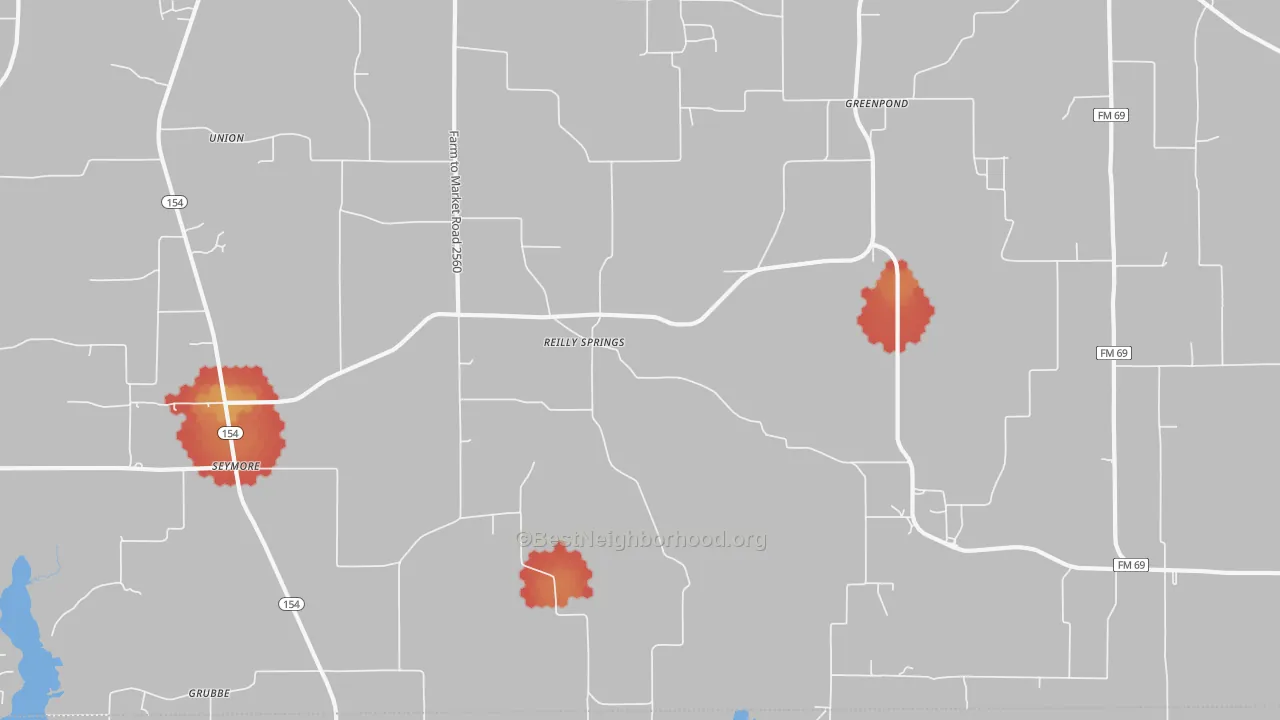 Walk Grade map of Reilly Springs, TX, walkable areas in green and car-dependent areas in red