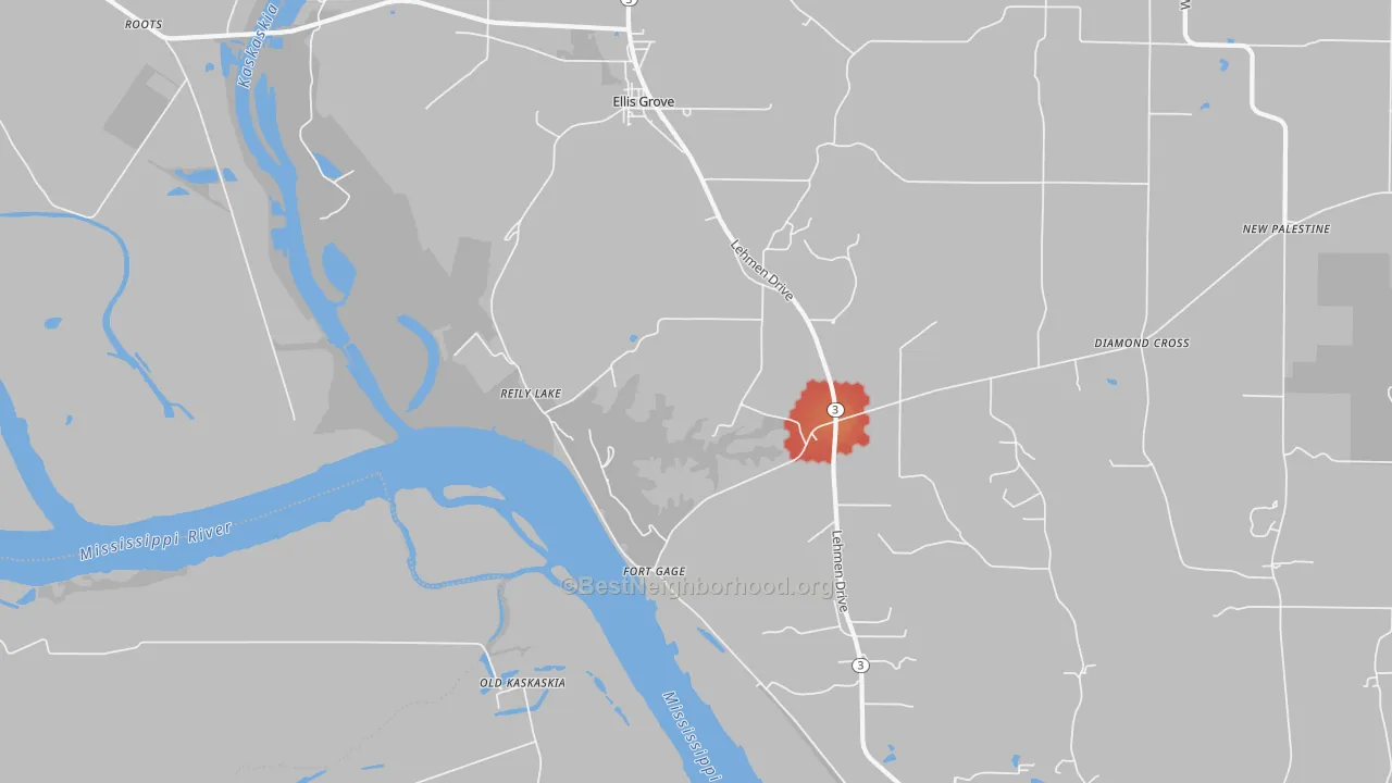 Walk Grade map of Reily Lake, IL, walkable areas in green and car-dependent areas in red